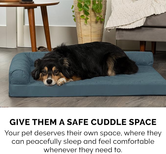 Furhaven Cooling Gel Dog Bed for Medium/Small Dogs w/ Removable Bolsters & Washable Cover, For Dogs Up to 35 lbs - Pinsonic Quilted Paw L Shaped Chaise - Bluestone, Medium-PurrikoPets