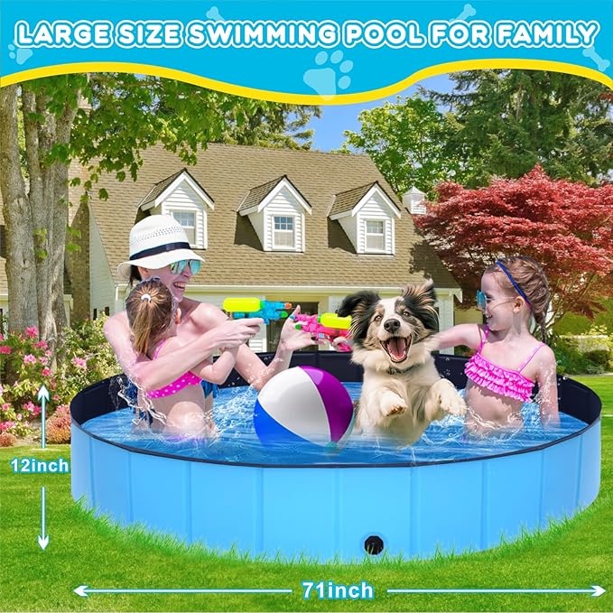 Foldable Dog Pool - 71" x 12" Anti-Slip Portable Dog Swimming Pool, Hard Plastic Collapsible Kiddie Pool for Outdoor and Indoor for Pets Dogs Cats and Kids-PurrikoPets