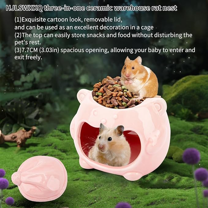 3-in-1 Bear Shaped Ceramic Hamster House - Cool House for Syrian Dwarf Hamsters, Mice, Gerbils， Small Pets, Top for Hamster Food, Removable Lid for Ice Packs, Cute Cool Hideout for Summer（Pink）-PurrikoPets