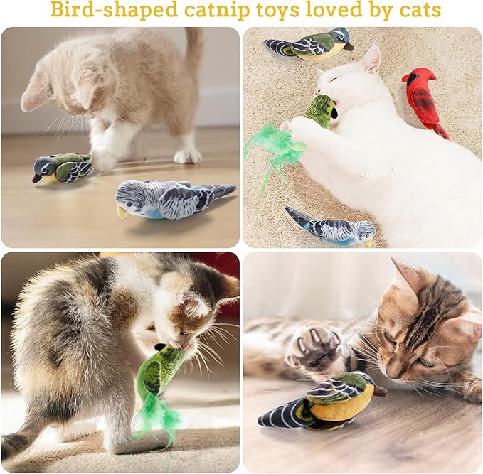 Dorakitten Cat Catnip Toys Interactive Cats 4pcs Kitten Plush Nip Chew Bird Toy with Crinkle Paper Pet Best Treats Stuffed Pillow Cute Teething Play Gifts Soft Kick Sound Supplies for Indoor Kitty-PurrikoPets