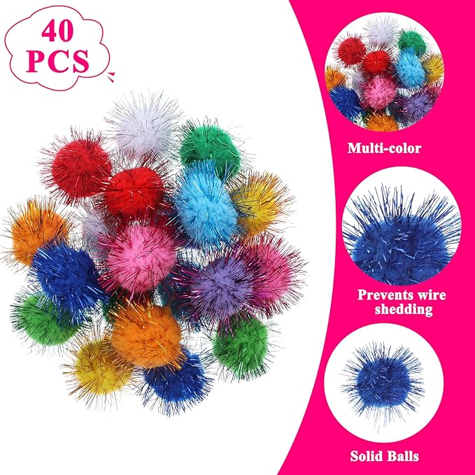 40 Pcs Pom Pom Balls for Kittens Colorful Pompom Balls for Cats Sparkle Ball for Cats Interactive Cat Toy Set for Exercise and Entertainment-PurrikoPets
