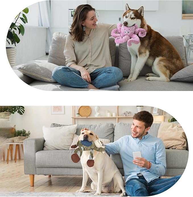 2Pack Dog Toys for Large Dog - Plush Squeaky Medium & Small Dog Toys - Stuffed Animals Puppy Toys - (Monkey+Octopus Pink)-PurrikoPets