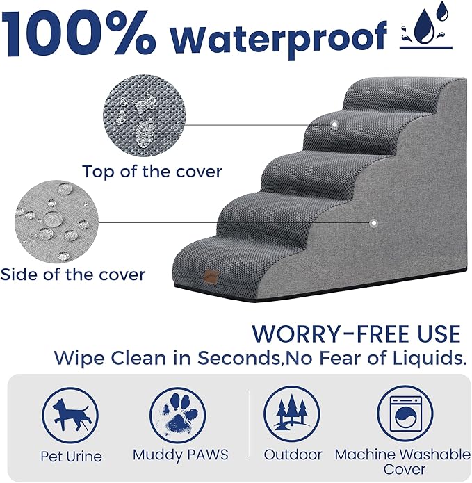 GoGoBunny Ramp Dog Stairs for High Beds 22.6" H, 5-Step Dog Slope Stairs with Durable Waterproof Fabric Cover, Pet Steps for Old Large Dogs Climbing, Non-Slip Sturdy Indoor Step, Grey-PurrikoPets