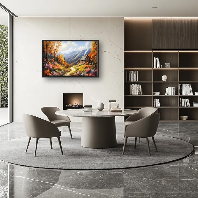 Framed Large Autumn Mountain Wall Art for Living Room, Oversized Wildflower Tree Wall Decor Nature Landscape Canvas Painting Modern Artwork Home Decoration for Living Room Bedroom 36"x24"-PurrikoPets