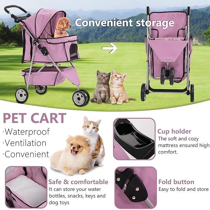 Dog Stroller,3 Wheels Travel Folding Pet Stroller for Small Medium Dog Cat Jogger Stroller with Storage Basket Removable Liner Pink-PurrikoPets