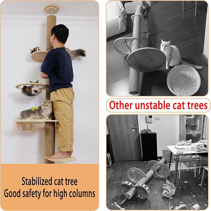 Floor to Ceiling Cat Tree Height (50-120 in) Adjustable Cat Tower 5 Tier Hemp Scratching Post High Cat Tree Sturdy Activity Tree Indoor Outdoor Cat Scratching Post Activity Center-PurrikoPets