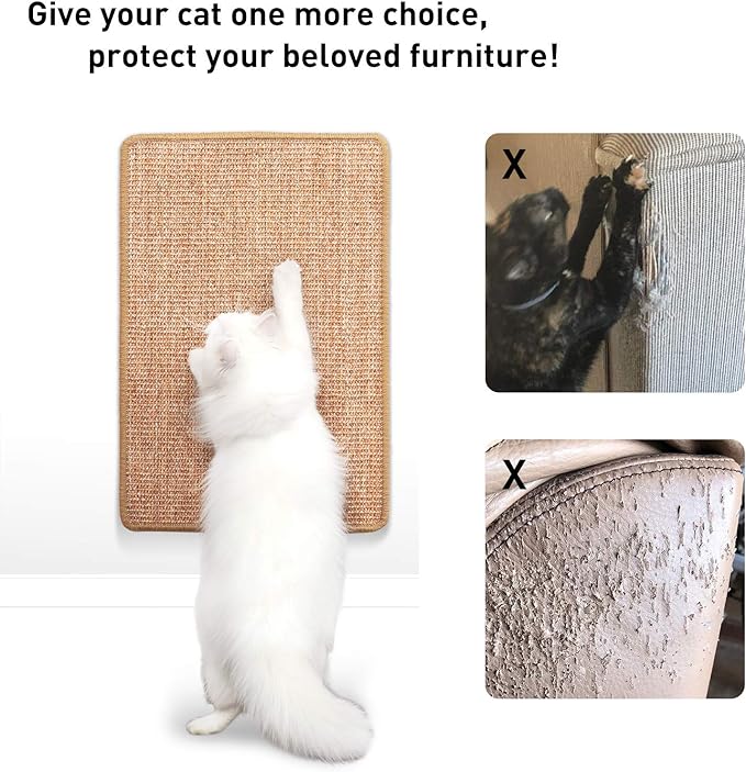 FUKUMARU Cat Scratcher Mat, 23.6 X 15.7 Inch Natural Sisal Cat Scratch Mats, Horizontal Cat Floor Scratching Pad Rug with Sticky Tapes, Protect Couch and Carpets-PurrikoPets