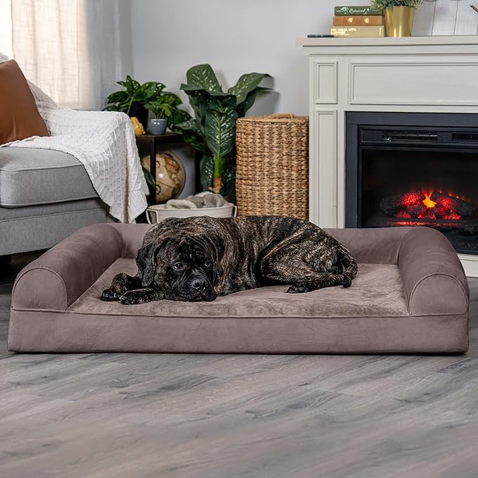 Furhaven Orthopedic Dog Bed for Large Dogs w/ Removable Bolsters & Washable Cover, For Dogs Up to 125 lbs - Faux Fur & Velvet Sofa - Driftwood Brown, Jumbo Plus/XXL-PurrikoPets