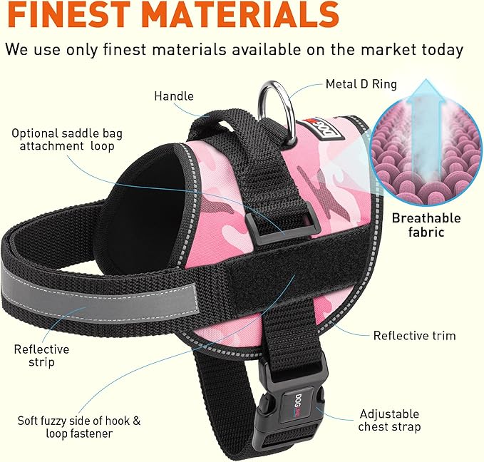 Dogline Dog Harness, Reflective No-Pull Adjustable Vest with Handle, Breathable No-Choke Harness for Small, Medium or Large Dogs Room for Patches Girth 18 to 24 in Pink Camo-PurrikoPets