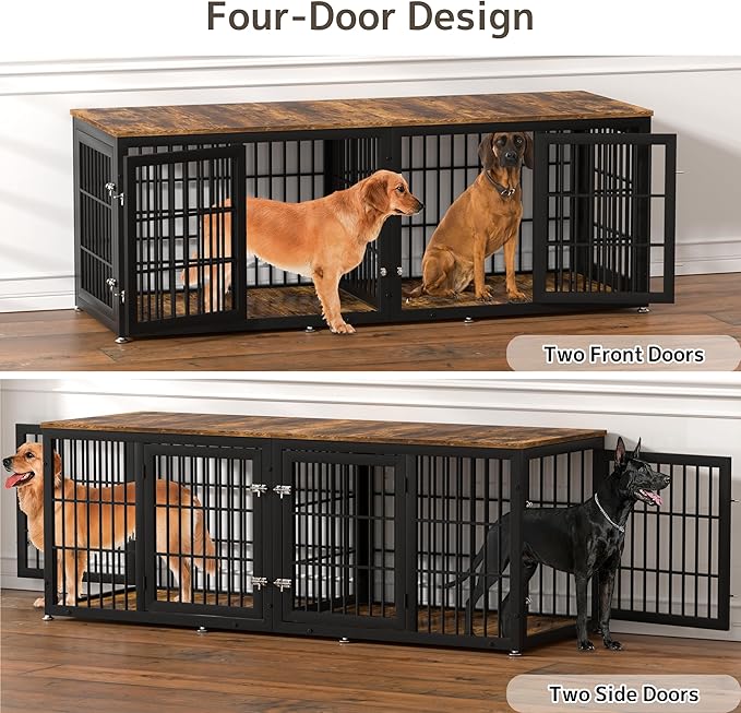 78 Inch Double Dog Crate Furniture, Heavy Duty Extra Large Cage Furniture with Divider for 2 Dogs, Decorative Wooden Kennel Furniture Indoor, Metal Pet House for Large and Medium Dogs-PurrikoPets