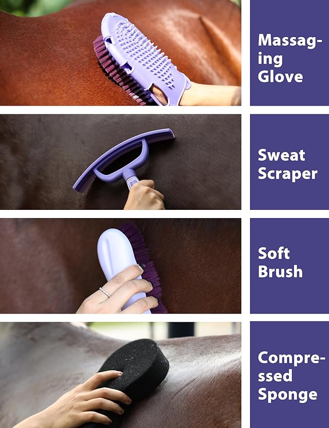 11PCS Horse Grooming Kit Curry Comb Sweat Scraper Horse Bathing Supplies Grooming Tools with Storage Bag Sugar Taro-PurrikoPets