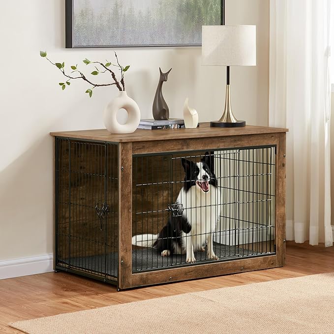 Dog Kennel Furniture, Wooden Dog Crate End Table, Heavy Duty Dog Crate, Decorative Pet Crate Dog Cage for Large Indoor Use (Rustic Brown) 39" L×26" W×27" H-PurrikoPets
