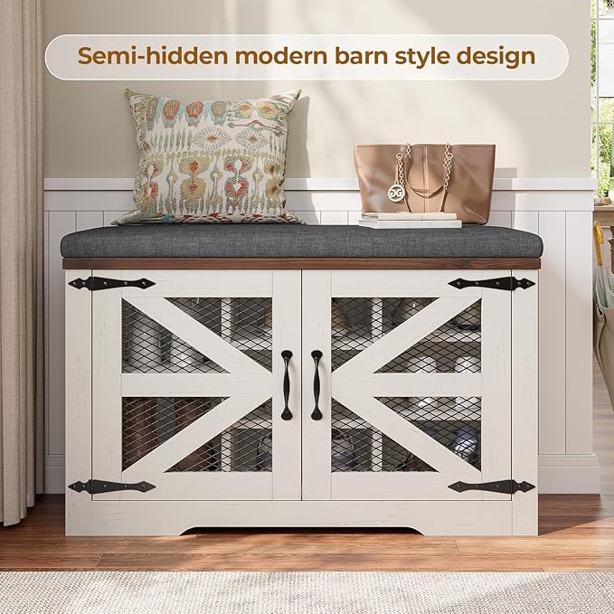 Farmhouse Storage Bench with Cushion, Metal and Wood Shoe Rack Organizer, Adjustable Shelf, Shoe Cabinet with Half Hidden Storage Space, for Entryway, Bedroom, Living Room (Old White, 31.4in)-PurrikoPets