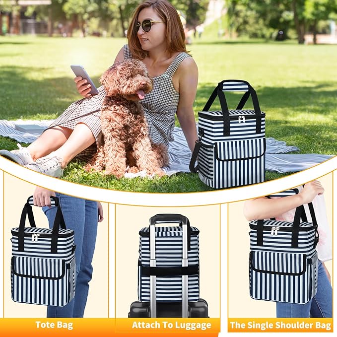 Dog Travel Bag for Camping - Pet Travel Accessories with 2 Collapsible Bowls, 2 Food Containers & Waterproof Feeding Mat - Portable Dog Carrier, Stripe (Small)-PurrikoPets