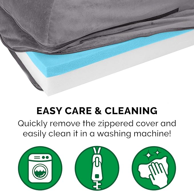 Furhaven Cooling Gel Dog Bed for Large/Medium Dogs w/ Removable Bolsters & Washable Cover, For Dogs Up to 55 lbs - Plush & Velvet L Shaped Chaise - Platinum Gray, Large-PurrikoPets