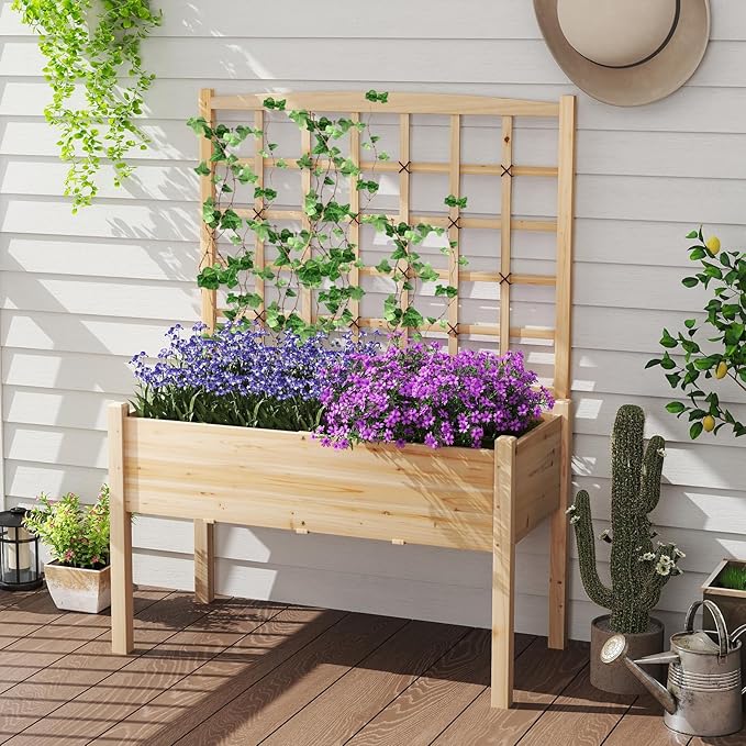 Giantex Raised Garden Bed with Trellis, Wooden Elevated Planter Box with Legs, Drainage Holes for Climbing Plants Vines Vegetables Flowers Herbs, Outdoor Horticulture Planter for Patio Yard (Natural)-PurrikoPets