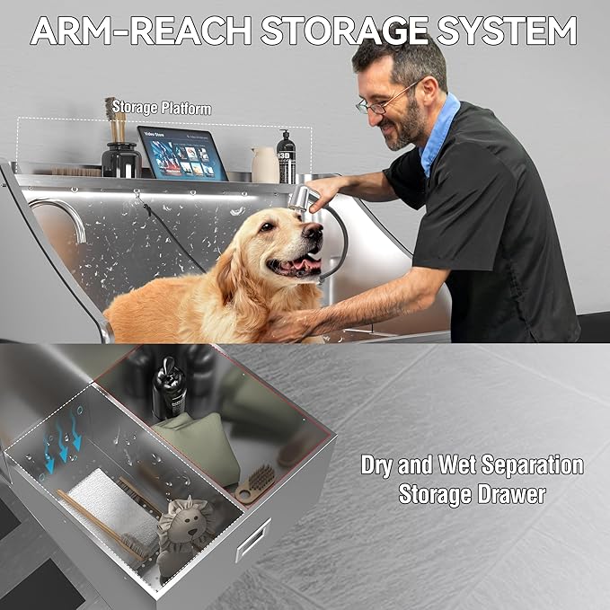 50'' Dog Washing Station - 304 Stainless Steel, LED Dog Bathing Station with Ramp, 2 Drawer, Floor Grate & Lick Pad for Large, Medium & Small Dogs-PurrikoPets