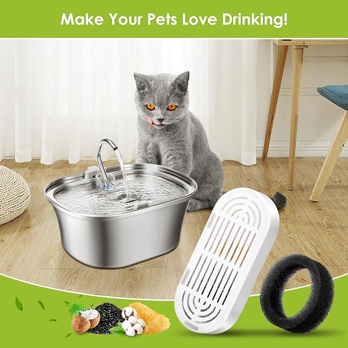 6 Pack Replacement Cat Fountain Filters & Replacement Sponges for Stainless Steel Pet Fountain with Water Level Window, Fountain Carbon Filters for Dog Water Dispenser Bowl-PurrikoPets