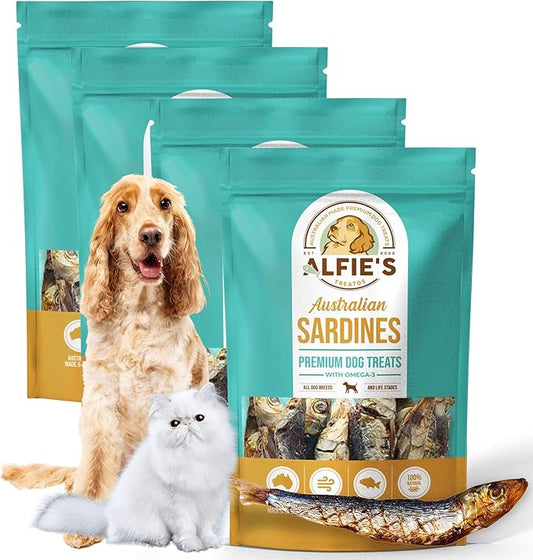 ALFIE'S TREATOS Sardines for Dogs & Cats (10.6 oz, 4x2.65 oz), Bulk Bundle, Air-Dried Fish Dog Treats, Omega-3 Food Topper, Single Ingredient, Australian Wild-Caught, Freeze-Dried Alternative-PurrikoPets
