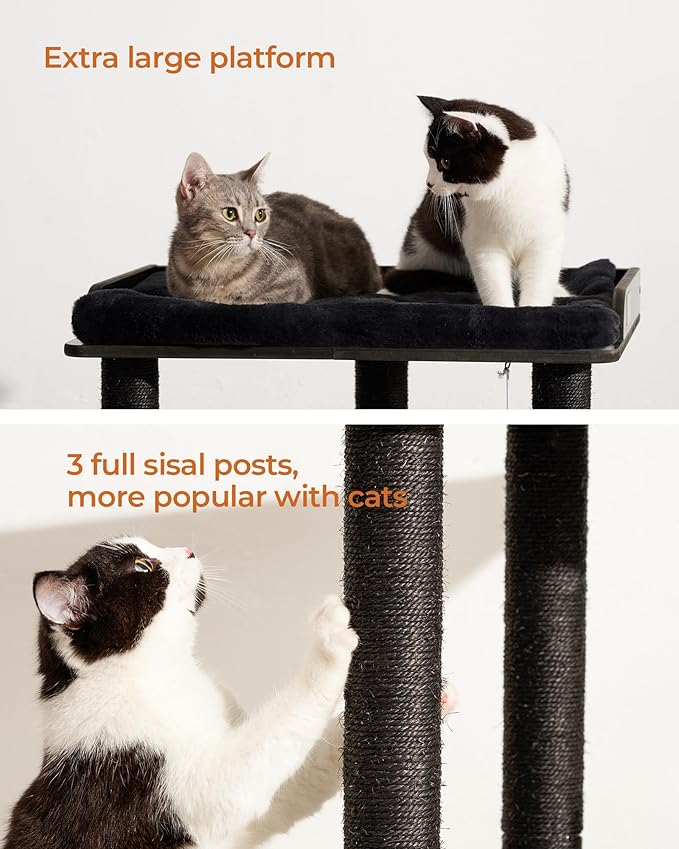 FourFurPets 26.7in Cat Tree Tower Condo, Cat Scratch Posts for Indoor Cats, Big Plate, Three 23.6in Full Sisal Scratching Posts, Black-PurrikoPets