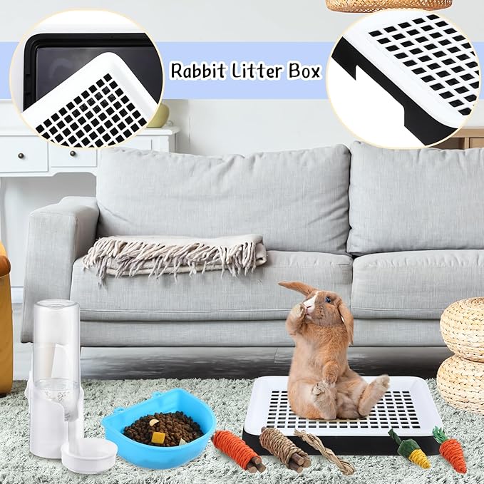 19 Pcs Rabbit Starter Kit Small Bunny Litter Box Rabbit Grooming Kit Water Bottle Bunny Toys Hay Feeder Bowl Blankets with Cleaning Set for Guinea Pig Accessories(Black,Cloud)-PurrikoPets