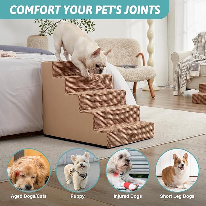 Dog Stairs for Small Dogs, 5 Tier Wider Pet Stairs for High Beds, 23.6" H Non-Slip Dog Steps for Old Cats, Puppies, Small Medium Dogs, 29.5x19.7x23.6 inch, Light Brown-PurrikoPets