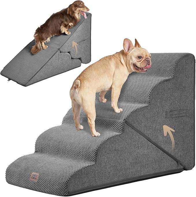 EHEYCIGA Curved Foldable Dog Stairs Ramp for High Beds 22.5" H, 5-Step Dog Steps for Small Dogs and Cats, Pet Stairs for High Bed Climbing, Non-Slip Balanced Pet Step Indoor, Grey-PurrikoPets