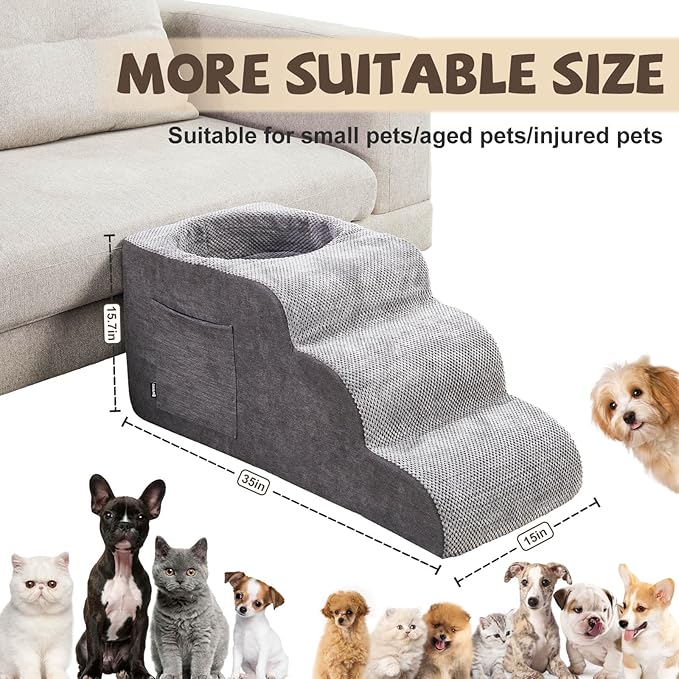 Dog Stairs, Dog Stairs for Small Dogs, 3-Step Pet Stairs, Dog Steps for Bed, Dog ramp, pet Stairs for high beds, Old Dog pet Steps, Non-Slip Pet Step Indoor, Grey-PurrikoPets