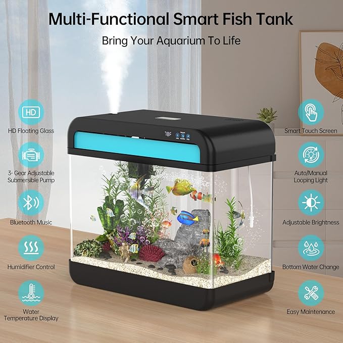 Fish Tank Aquarium 6.3 Gallon Fish Bowl with Music Humidifier 7 Color Auto-Looping Light Adjustable Quiet Pump, Temperature Display, Bottom Water Changer, HD Float Glass, Leak-Proof Thickened Base-PurrikoPets