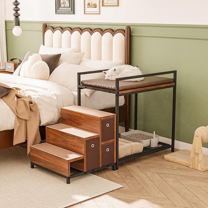 Dog Window Perch, Pet Bunk Bed with Multi-Level Platform, Non-Slip Cat Window Perch with Stroage Drawers, Dog Perch to Look Out Window, Wooden Steps for Small, Large Sized Dogs and Cats-PurrikoPets