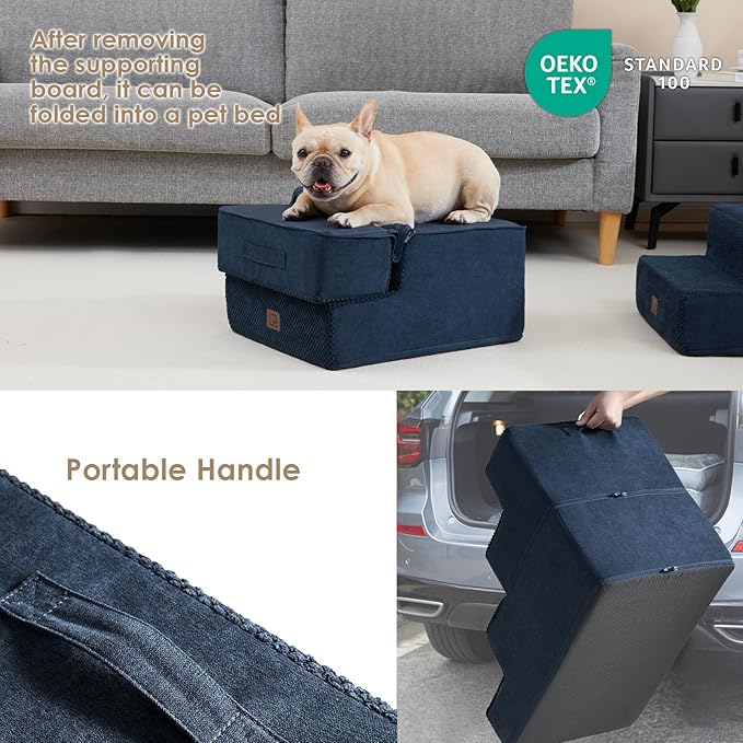 EHEYCIGA Dog Stairs for Small Dogs 13.5" H, 3-Step Dog Steps for Couch Sofa and Chair, Pet Steps for Medium Cats, Non-Slip Balanced Pet Ramp Indoor, Navy Blue-PurrikoPets