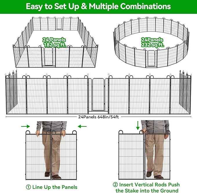 Dog Playpen Outdoor 24 Panels Heavy Duty Dog Fence 47" Height Anti-Rust with Doors Portable for RV Camping Yard, Total 54FT, 227 Sq.ft, Snowy Black-PurrikoPets