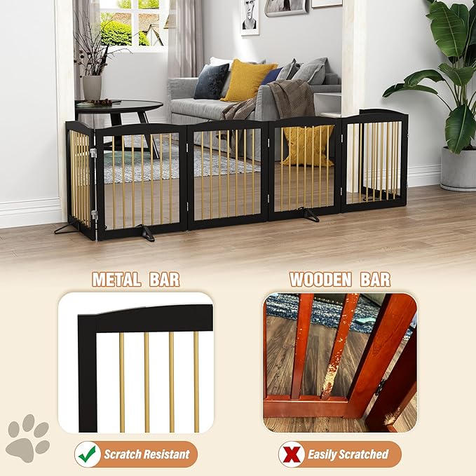 Freestanding Pet Gate for Dogs, Foldable Wooden Dog Gate for House, Extra Wide Indoor Pet Barrier for Stair, Doorway, Hall, Support Feet Included, 120 Inch Wide, 6 Panels 24",Black&Gold-PurrikoPets