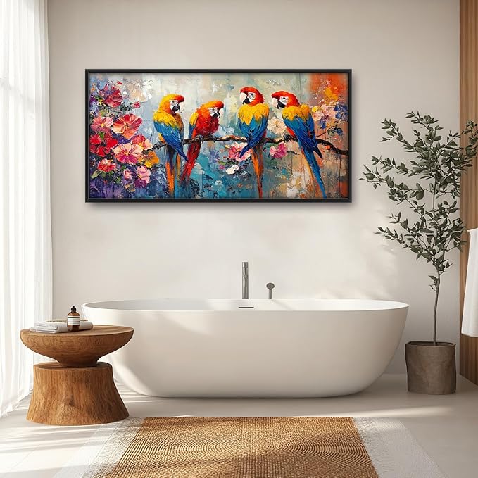 Extra Large Framed Parrot Bird Wall Art,Oversized Abstract Colorful Parrots Flower Wall Decor Pictures for Living Room,Canvas Print Painting Modern Artwork Bedroom Office Bathroom Home Decor 60L x30W-PurrikoPets