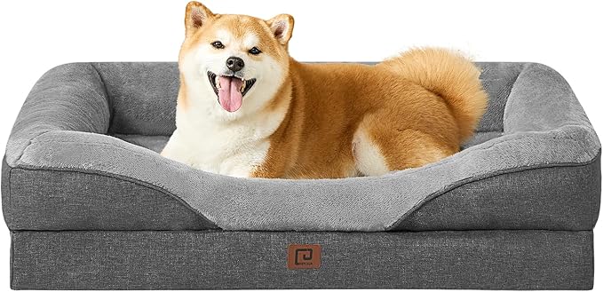 EHEYCIGA Memory Foam Dog Bed for Large Sized, Orthopedic Dog Sofa with Sides and Waterproof Liner, Washable Bolster Pet Bed Couch with Removable Cover, 36x27x7 Inch, Grey-PurrikoPets