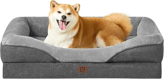 EHEYCIGA Memory Foam Dog Bed for Large Sized, Orthopedic Dog Sofa with Sides and Waterproof Liner, Washable Bolster Pet Bed Couch with Removable Cover, 36x27x7 Inch, Grey-PurrikoPets