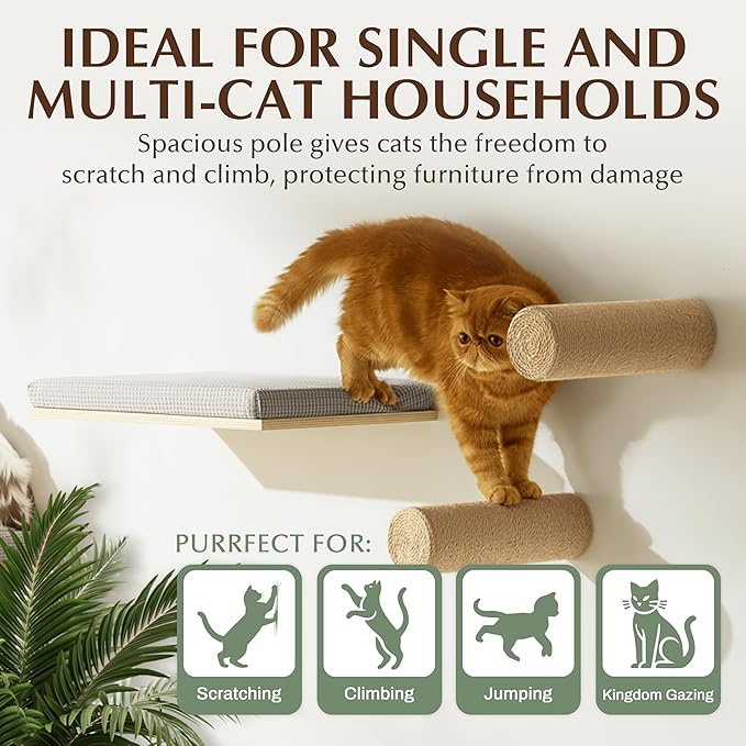 2-Pack Sisal Wall-Mounted Cat Climbing Wall Steps, Cat Wall Steps/Stairs with Sisal Scratching Surface, Wall Shelf Furniture for Climbing & Play for Kittens & Cats, Hidden Mounts-PurrikoPets