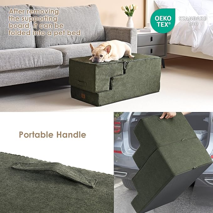 EHEYCIGA Dog Stairs for High Bed 22.5" H, 5-Step Dog Steps for Bed, Pet Steps for Small Dogs and Cats, Non-Slip Balanced Pet Ramp Indoor, Olive Green-PurrikoPets