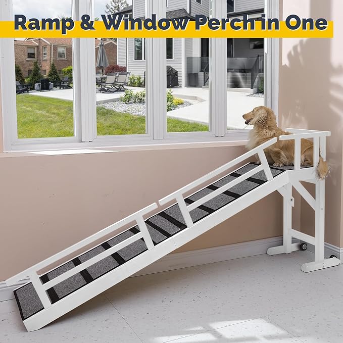 Dog Ramp for Bed or Couch, Wooden Pet Ramp with 20° Gentle Slope, Removable Side Rails, Non-Slip Surface, Top Platform & Wheels, Safe Bed Ramp for Small, Medium & Senior Dogs, 74" Long, White-PurrikoPets