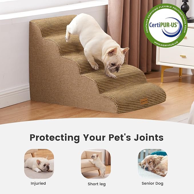 Gardner Pet Dog Stairs for Small Dogs 22.8" H, 5-Step Brown Curved Pet Stairs, Dog Steps for High Bed, Couch (24-30 in) with Durable Non-Slip Waterproof Fabric Cover and CertiPUR-US Certified Foam-PurrikoPets