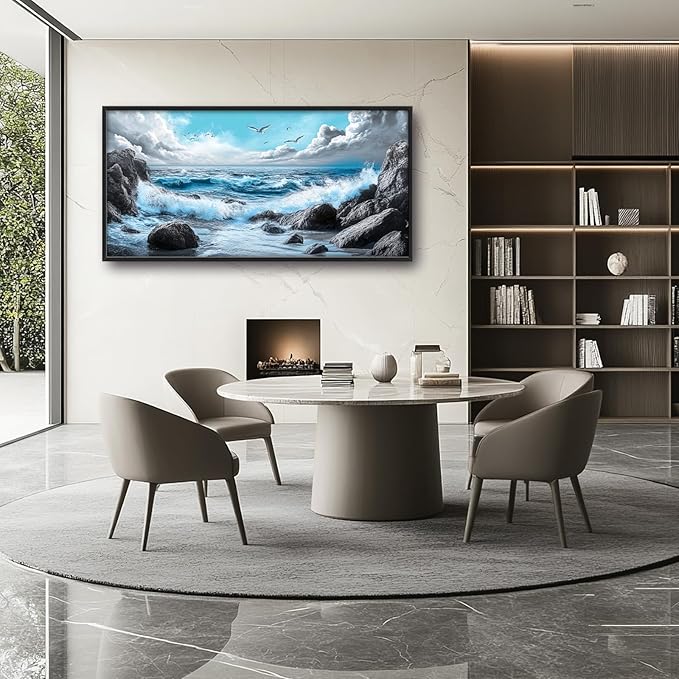 Extra Large Framed Abstract Sea Ocean Wall Art,Black and White Wall Decor, Coastal Seashore Pictures for Living Room,Canvas Print Painting Modern Artwork Bedroom Office Bathroom 60L x 30W-PurrikoPets