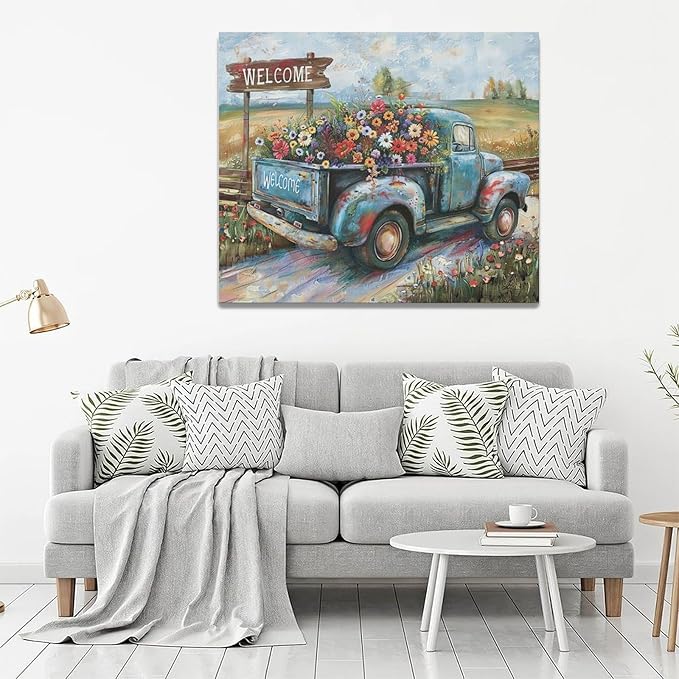Farmhouse Truck Wall Art Rustic Country Wildflowers Wall Decor Road Flowers Landscape Pictures Canvas Print Painting Artwork for Bathroom Living Room Bedroom 20"x24"-PurrikoPets