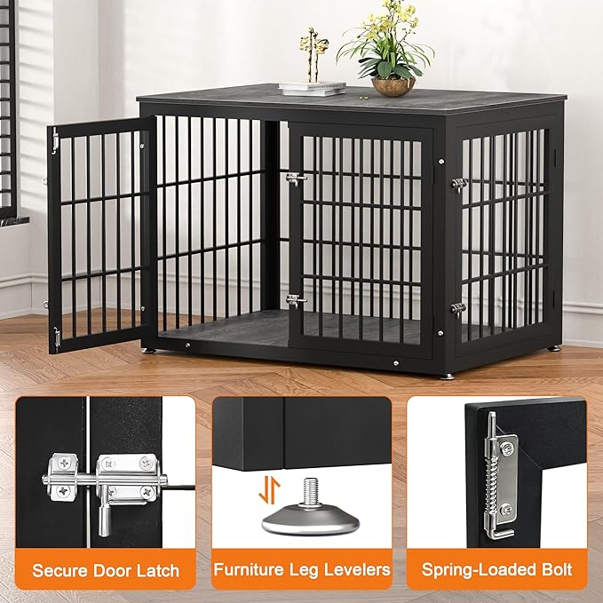 42 Inch Heavy Duty Dog Crate Furniture for Large and Medium Dogs, Decorative Pet House End Table, Wooden Cage Kennel Furniture Indoor, Gray-PurrikoPets