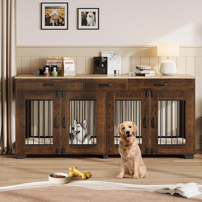 71 Inch Dog Crate Furniture for 2 Rooms, Wooden Double Crate Large Breed with Door, Dog Kennel Indoor, TV Stand End Table with Divider for Large Medium Dogs,Brown-PurrikoPets