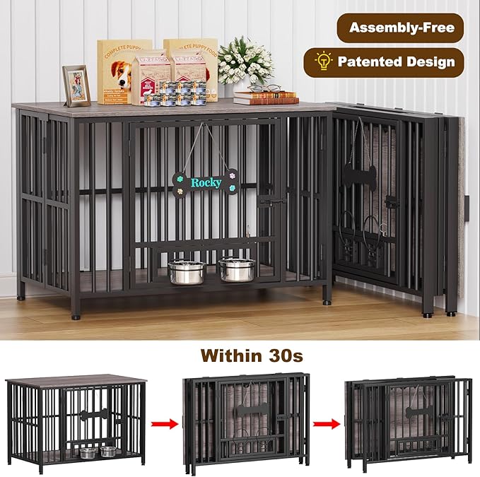 Easycom 41" Dog Crate Furniture Foldable, No Assembly Decorative Dog Kennel Indoor, Dog Crates for Large Dogs (40-65 lbs), Wooden Dog Cage with Adjustable Bowls and Name Tag, End Table, Oak Grey-PurrikoPets