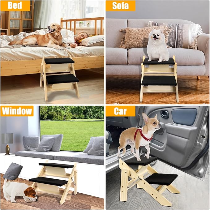 Foldable Dog Stairs/Ramp with 2 Steps - Durable Wooden Pet Stairs for Small, Medium, Large Dogs - Black (No Assembly Required)-PurrikoPets