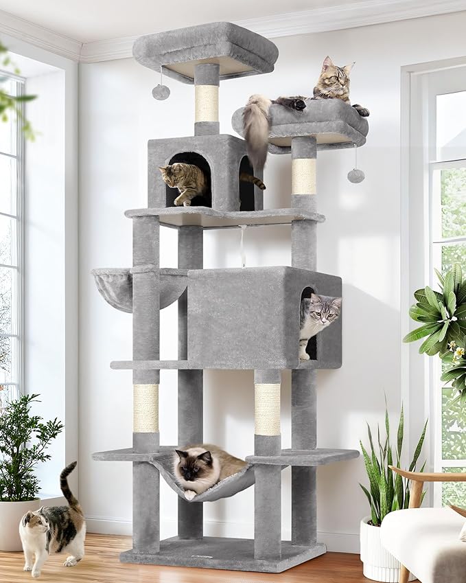 Globlazer Cat Tree Tower, 76-Inch Extra Tall Multi-Level Cat Furniture with Cozy Condos, Hammock and Perches for Adult Cats, Perfect for Climbing, Scratching, and Play, F76, Light Grey-PurrikoPets