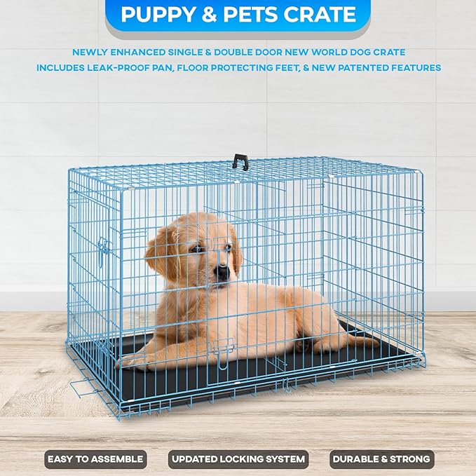 FDW Dog Crate for Small Dogs 24 Inch Folding Metal WirePet Cage Double Door W/Divider Panel Indoor Outdoor Kennel Leak-Proof Plastic Tray,Blue-PurrikoPets
