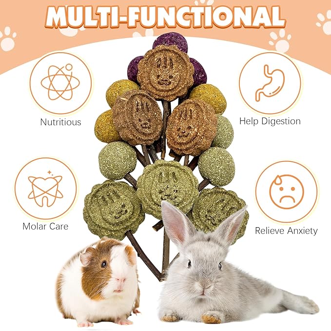 Fhiny Rabbit Chew Toys, 30 PCS Natural Bunny Lollipop Chew Sticks Handmade Guinea Pig Molar Treats for Teeth Small Animals Snacks for Guinea Pig Bunny Chinchilla Hamster Gerbil Teeth Care-PurrikoPets
