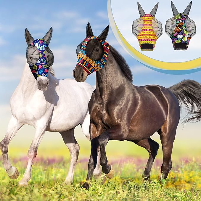 Frienda 4 Pieces Horse Fly Masks with Ears Face Covering UV Protection from Insect Pests Elasticity Smooth Comfortable Mesh Horse Mask Accessories(Geometric,Medium)-PurrikoPets